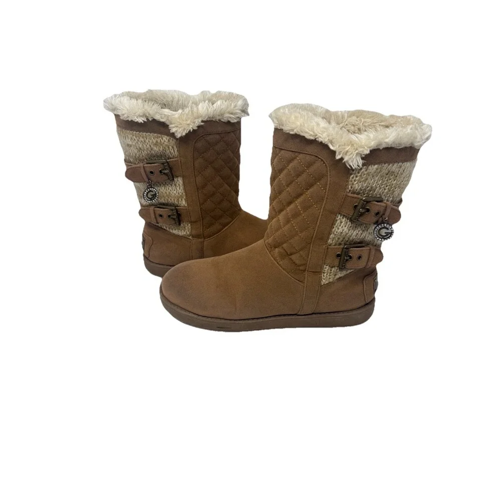 🔥Guess‎ 🤎Quilted Knit Fur Y2k Cuff Mid-Calf Bling 💎Boots Buckle  'G' Charm -8